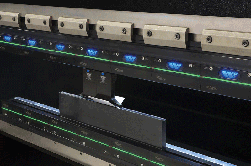 Rotating images of eClamp bodies in a press brake, being removed from press brake and bending metal with downlighting