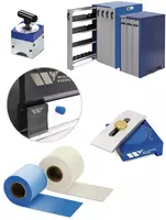 Colage of Press Brake Accessories including storage cabinets, urethane rolls and gauging options