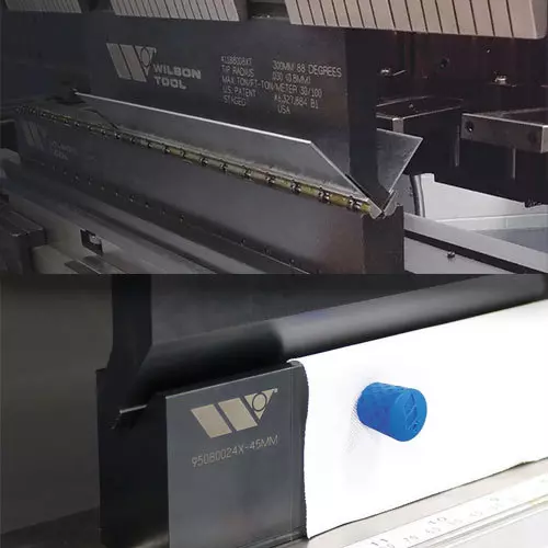 Close up split screen horizonatlly with VSB bending on top half abd Prees brake toolin in press brake with Drape image