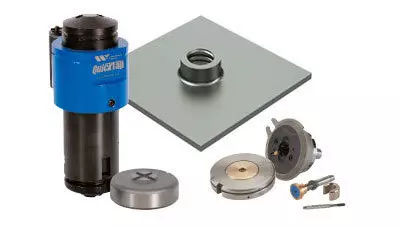 Thick turret Quick Tap tapping tool, Trumpf-style tapping tool and metal sample of a threaded tap