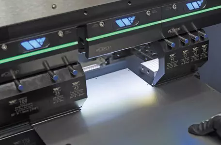 close up of eClamp in press brake showing the work surface downlighting on the sheet metal