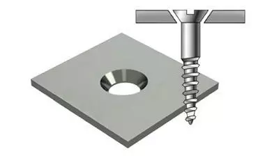 metal sample with countersink hole, and side view of a screw in the hole