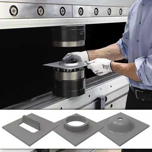 Operator bending part in press brake with metal sample in lower third image