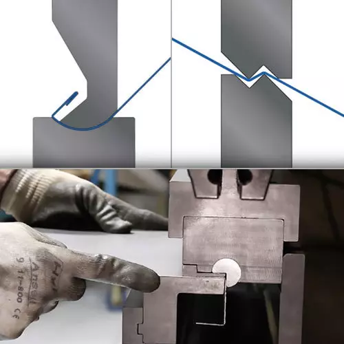operator holding metal sample in press brake image