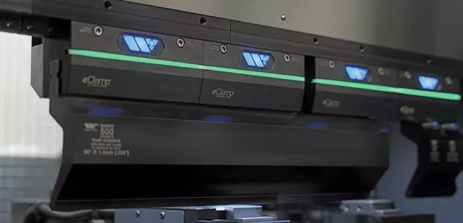 close up of eClamp bodies in the press brake holding black punches