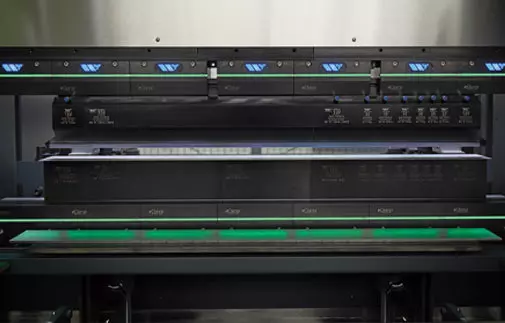 eClamp Bodies with Green Lights Filling Entire Press Brake Upper and Lower